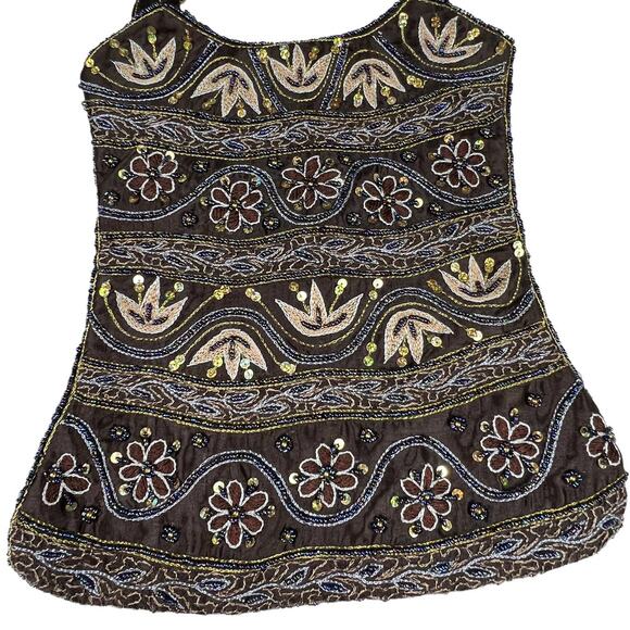 K&K VTG Table Tops Chocolate Brown Satin Floral Embroidered Sequin Shoulder Bag - Picture 3 of 13